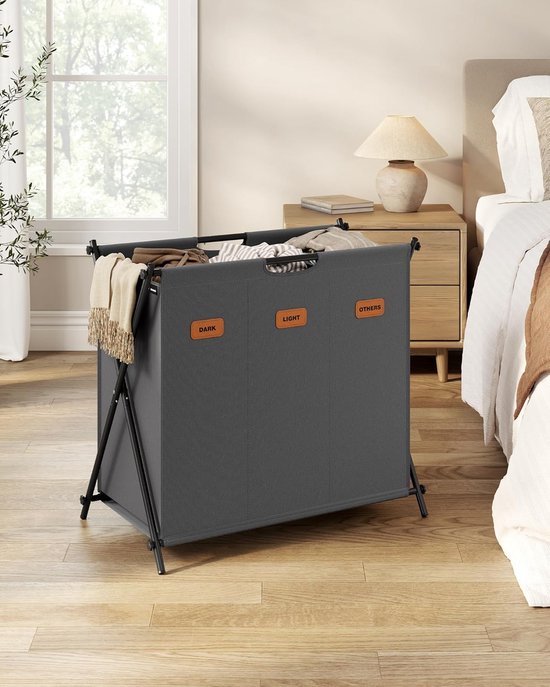 FurnStar - Panier à linge - collecteur de linge - 135 litres - boîte à linge - 3 compartiments - cadre en X pliable - étiquettes individuelles - pour buanderie - chambre - salle de bain - 70 x 40 x 66 cm - gris