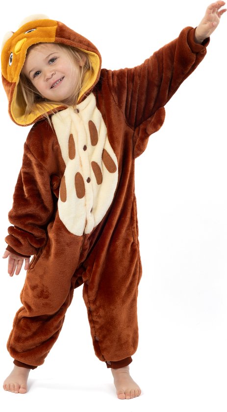 KIMU Onesie Bruine Uil Pak - Maat 140-146 - Uilenpak Kostuum Bruin Vogel - Kinder Jumpsuit Boxpakje Pyjama Huispak Jongen Meisje Fleece Halloween