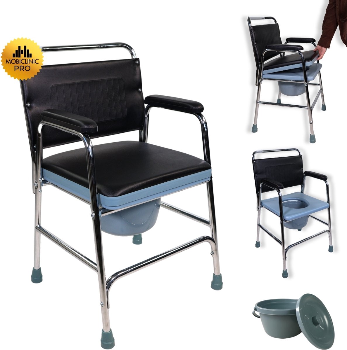 Mobiclinic Velero - Toiletstoel - Met comfortabele zitting & emmer met deksel - Antislip doppen - Postoel - WC stoel - Staal - Tot 130 kg - Blauw en Zwart