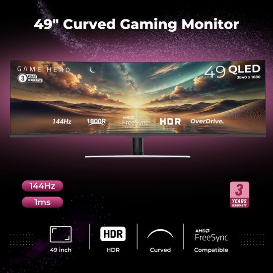GAME HERO® 49 inch UltraWide Double Full HD QLED VA Monitor - 144Hz | bol