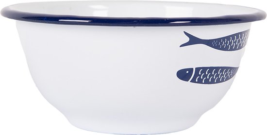 Wit emaille kom met donkerblauwe rand en twee decoratieve vissen aan de zijkant.