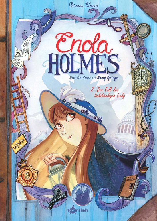 Enola Holmes, een meisje met lang bruin haar, draagt een blauwe hoed met veren. Ze houdt een lantaarn vast. De cover toont de Big Ben en een ladder.