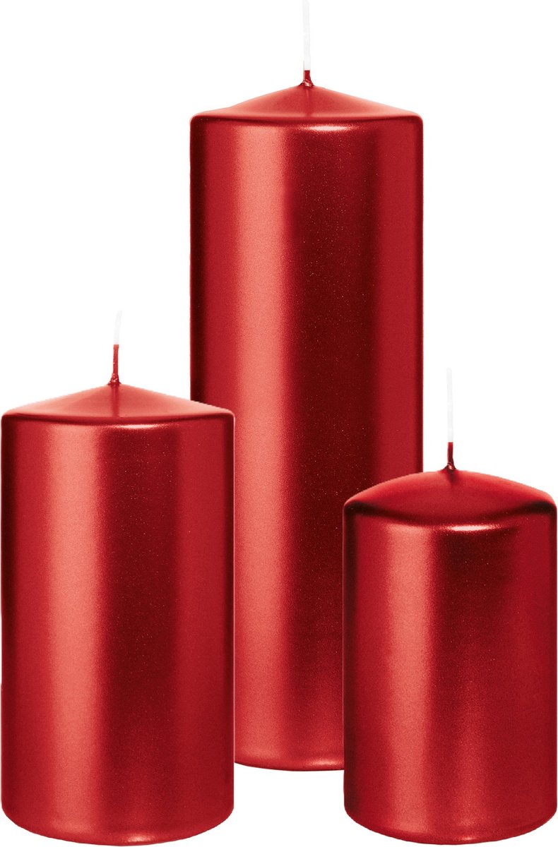 Wiedemann Cilinderkaarsen/stompkaarsen - set van 3 - metallic rood - 6x8/7x13/7x20 cm
