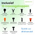 Overzicht van de 10 opzetstukken voor de 2BEHEALTHY massagegun, inclusief ronde kop, vorkkop, platte kop en spiraalkop.