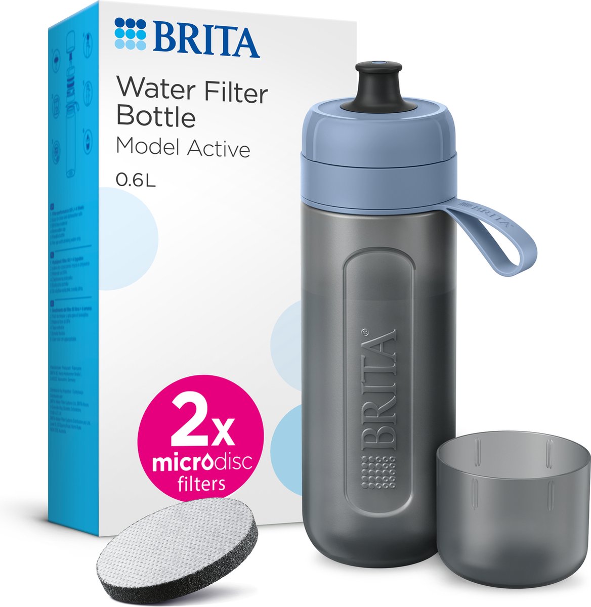 BRITA - Fill&Go - Drinkfles ACTIVE voor Volwassenen - 0,6L - Lichtblauw - inclusief 1 MicroDisc Brita Filterpatroon - Ideaal voor Drinkflessen
