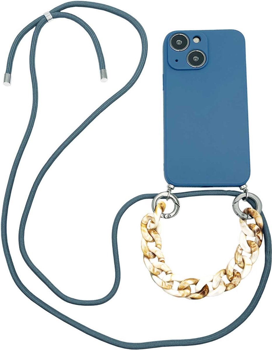 Høyde - Geschikt voor iPhone 13 - Telefoonhoes met koord + Kralenketting - Blauw