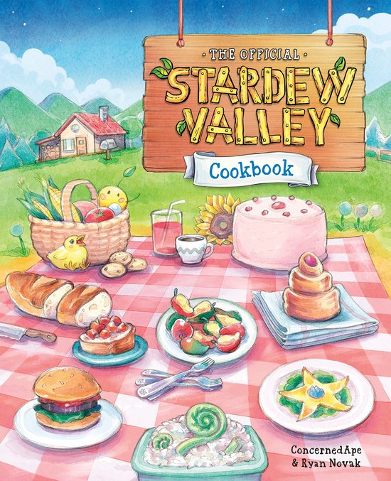De officiële Stardew Valley kookboek kaft met een picknick van eten.