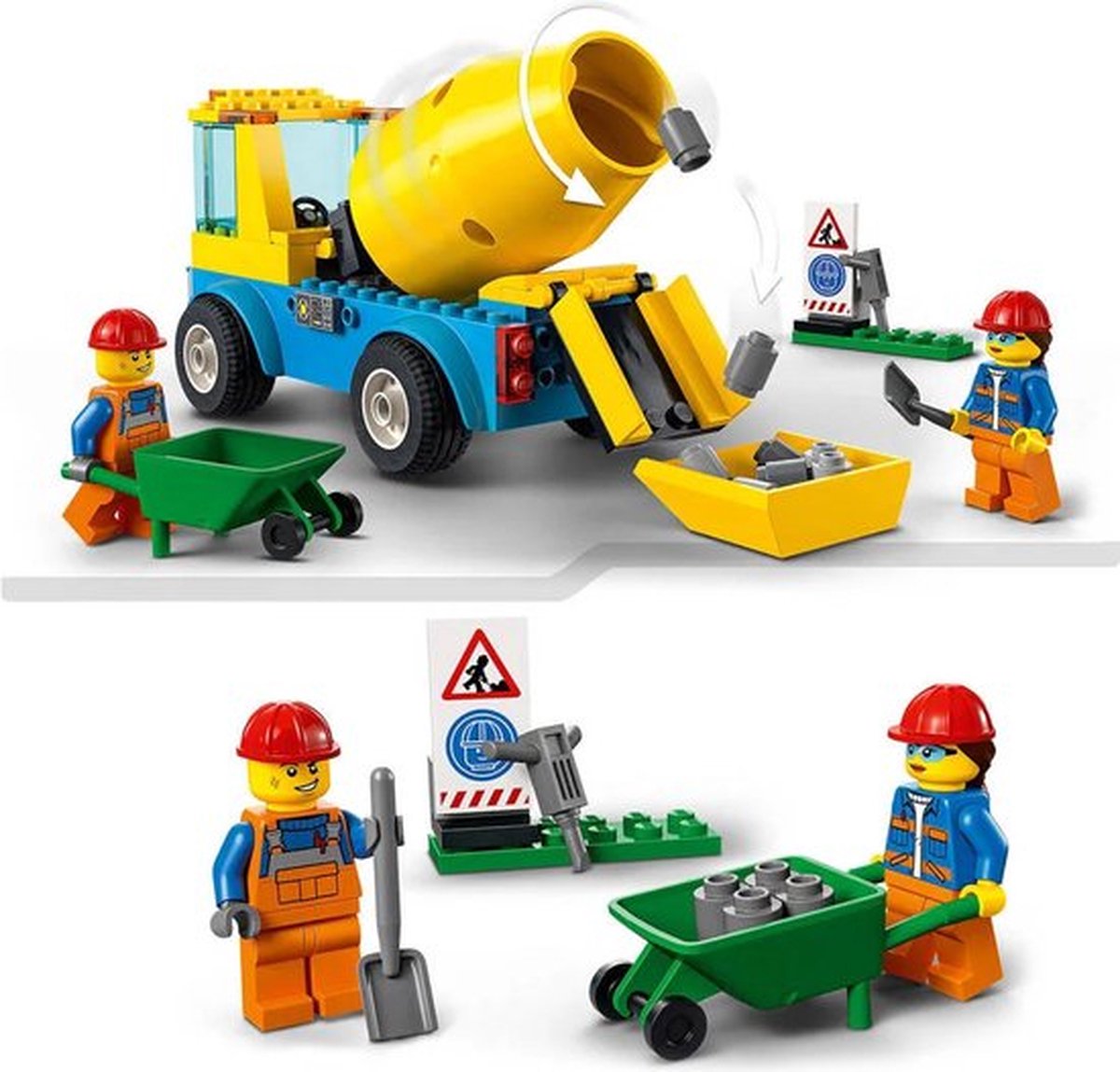 LEGO® City Cementwagen 60325 bouwset; met een ronddraaiende mengtrommel, plus een bord voor wegwerkzaamheden, drilboor, kruiwagen en minifiguren van wegwerkers; bouwvoertuig voor kinderen vanaf 4 jaar (85 onderdelen) — afbeelding 25