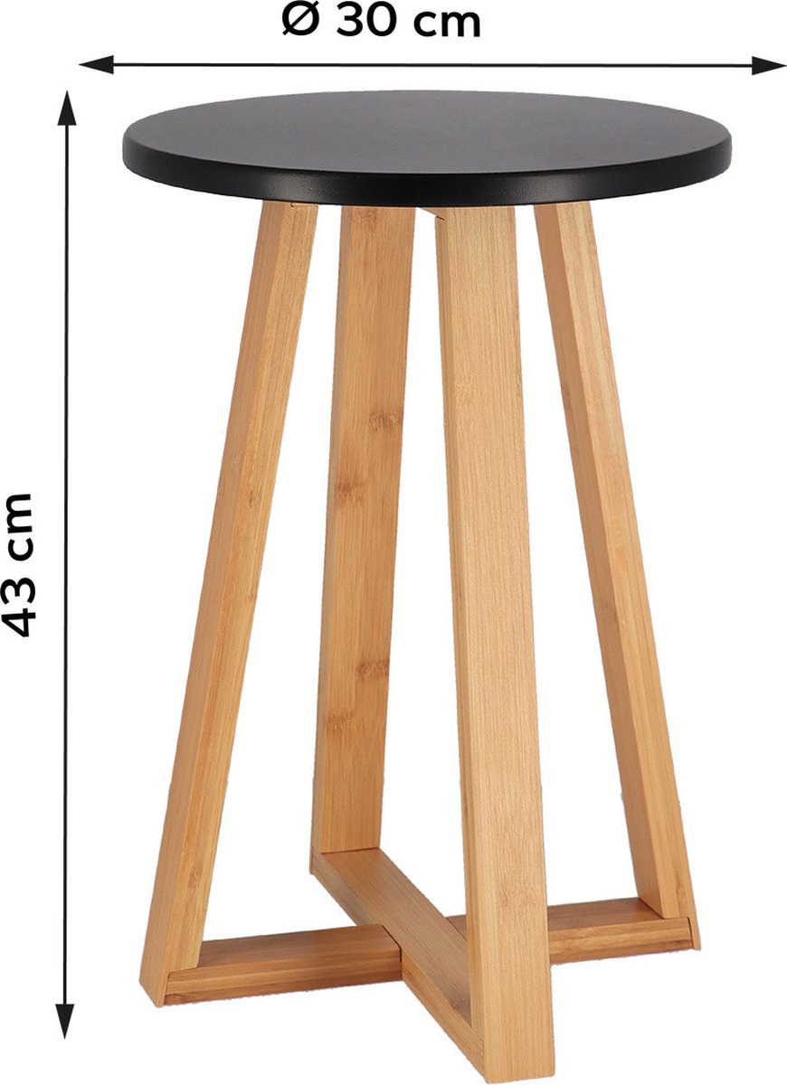 Tendance Bijzet krukje model Oslo - zwart - bamboe hout - D30 x H43 cm - bijzettafeltje