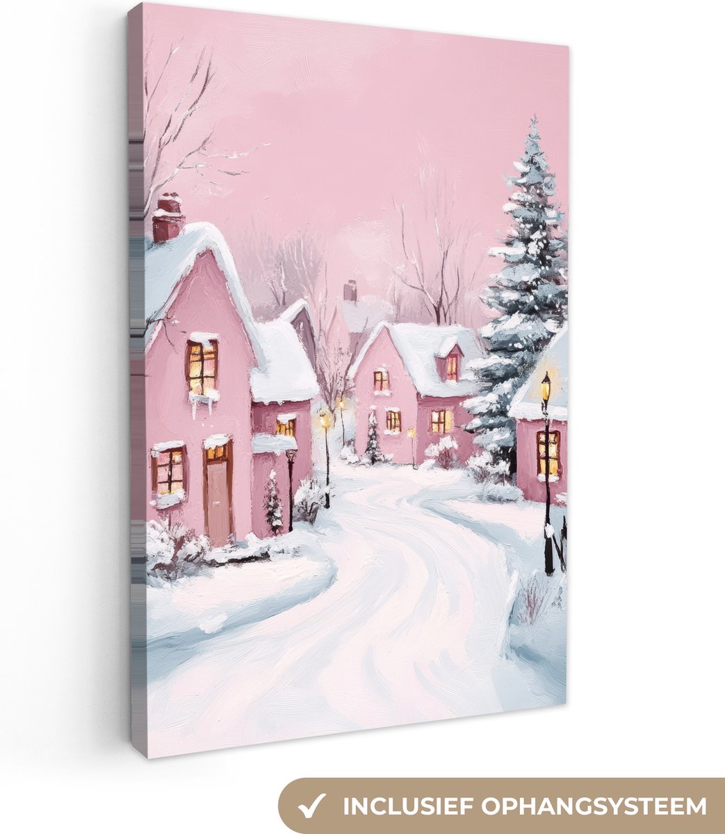 Canvas schilderij 60x90 cm - Wanddecoratie Kerstdorp - Roze - Winter - Sneeuw - Huizen - Muurdecoratie woonkamer - Slaapkamer decoratie - Kamer accessoires - Schilderijen op canvas - Kerstdecoratie voor binnen - Kerstversiering - Kerstmis versiering