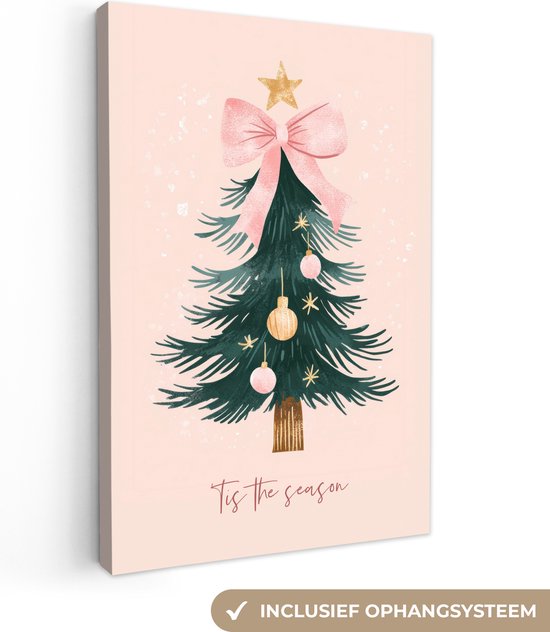 Canvas schilderij 40x60 cm - Wanddecoratie Christmas Season - Kerst - Kerstboom - Roze - Muurdecoratie woonkamer - Slaapkamer decoratie - Kamer accessoires - Schilderijen op canvas - Kerstdecoratie voor binnen - Kerstversiering - Kerstmis versiering