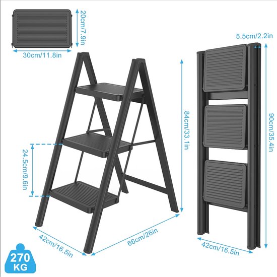 KINGRACK Trapladder, 4 treden, opvouwbare trapladder met leuning, antislip huishoudladder met vouwveiligheid, aluminium opstapkruk, belastbaar tot 150 kg, zilver