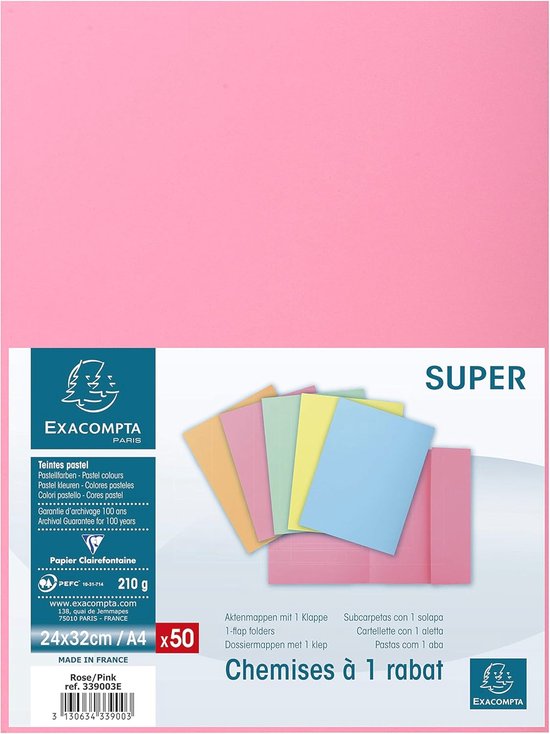 Exacompta - ref. 335005E - Set van 50 stevige bedrukte dossiermappen SUPER - 210 g/m² met 2 kleppen - pastelkleuren - in PEFC™ gecertificeerde mappen Exacompta - ref. 335005E - Set van 50 stevige bedrukte dossiermappen SUPER - 210 g/m² met 2 kleppen - pastelkleuren - in PEFC™ gecertificeerde mappen