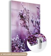 MuchoWow® Glasschilderij 120x160 cm - Schilderij acrylglas - Lavendel - Winter - Bloemen - Paars - Foto op glas - Muurdecoratie woonkamer - Wanddecoratie slaapkamer - Schilderijen