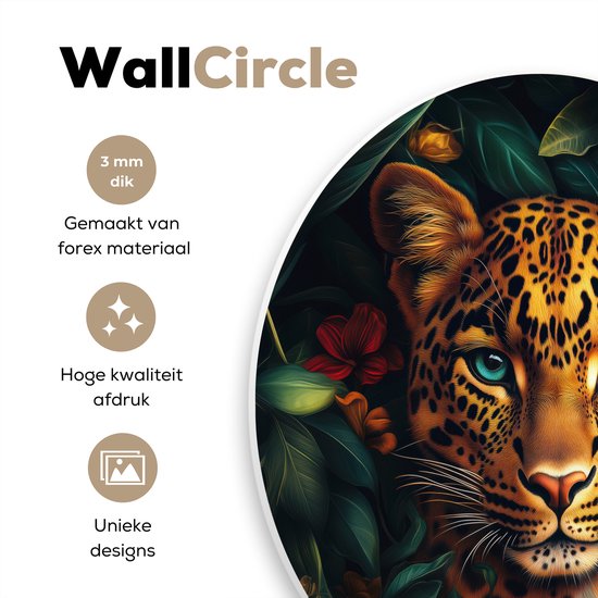 WallCircle - Wandcirkel 90x90 - Luipaard - Natuur - Bloemen - Bladeren - Jungle - Ronde schilderijen woonkamer - Wandbord rond - Muurdecoratie cirkel - Kamer decoratie binnen - Wanddecoratie muurcirkel - Woonaccessoires