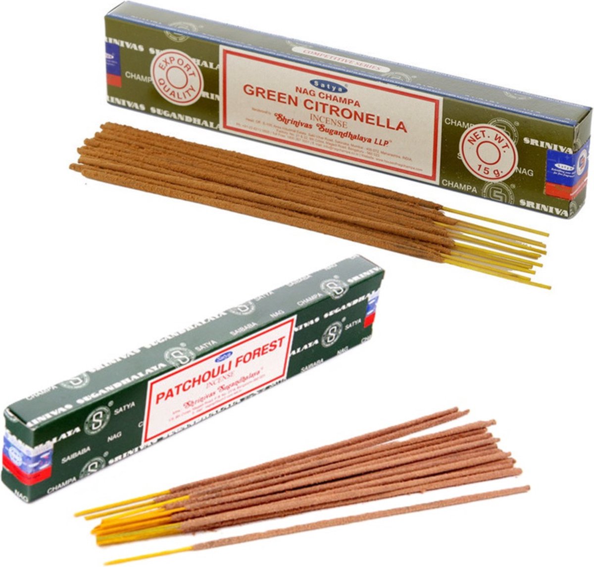 Satya Wierook cadeaus set - 2x geurstokjes - Citronella en Patchouli Forrest geur - Meditatie Groen