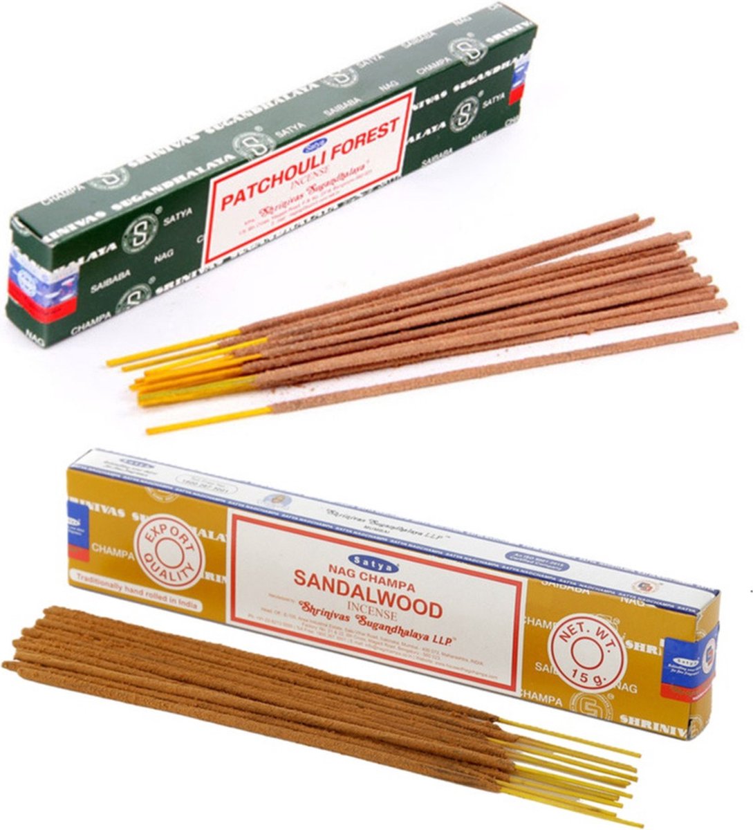 Satya Wierook cadeaus set - 2x geurstokjes - Sandelhout en Patchouli Forrest geur - Meditatie Multi