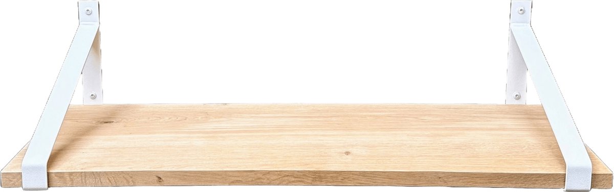 GoudmetHout Wandplank Industrieel - 80 x 40 cm Muurplank - Eiken Hout - Decoratie Wandrek & Boekenrek - Hangplank Keuken - Wall Shelf + 2 Mat Witte Plankdragers van Staal