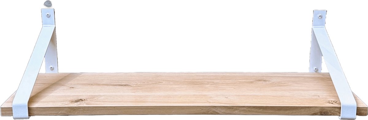 GoudmetHout Wandplank Industrieel - 60 x 35 cm Muurplank - Eiken Hout - Decoratie Wandrek & Boekenrek - Hangplank Keuken - Wall Shelf + 2 Mat Witte Plankdragers van Staal