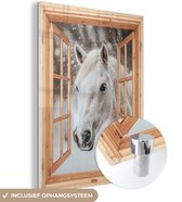MuchoWow® Glasschilderij 120x160 cm - Schilderij acrylglas - Doorkijk - Paard - Wit - Winter - Sneeuw - Dieren - Foto op glas - Muurdecoratie woonkamer - Wanddecoratie slaapkamer - Schilderijen