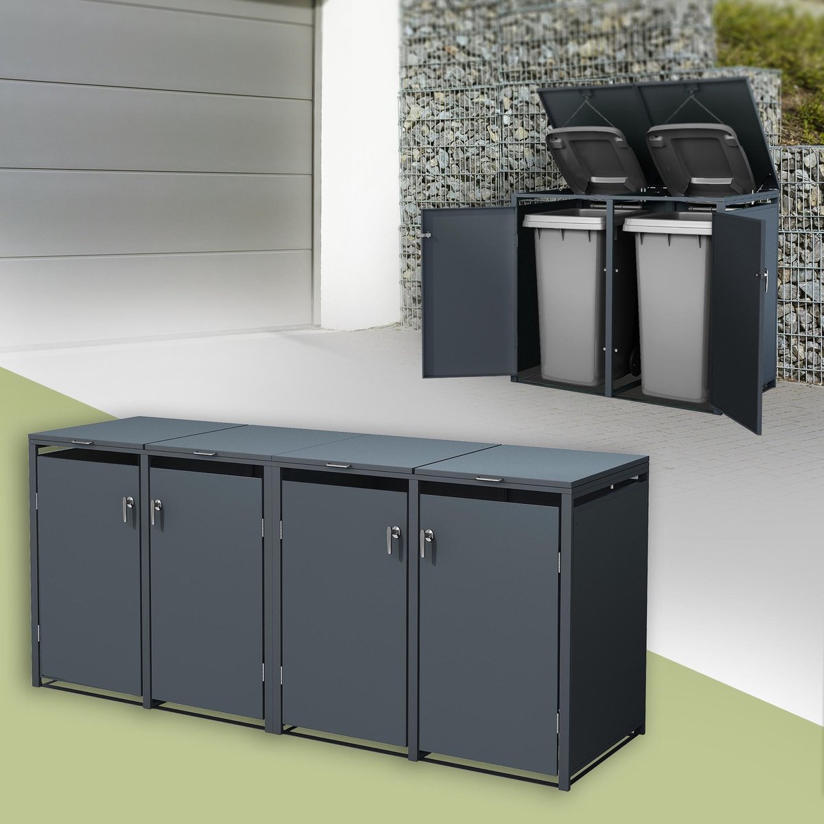 Klikoombouw, Container ombouw voor 4 containers tot 240 l, 264 x 80 x 120 cm, van staal in antraciet ML-Design