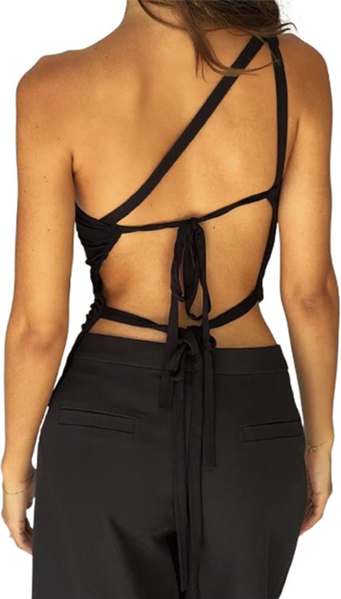 Top court à une épaule avec dos ouvert - Top noir sexy avec détails nœud