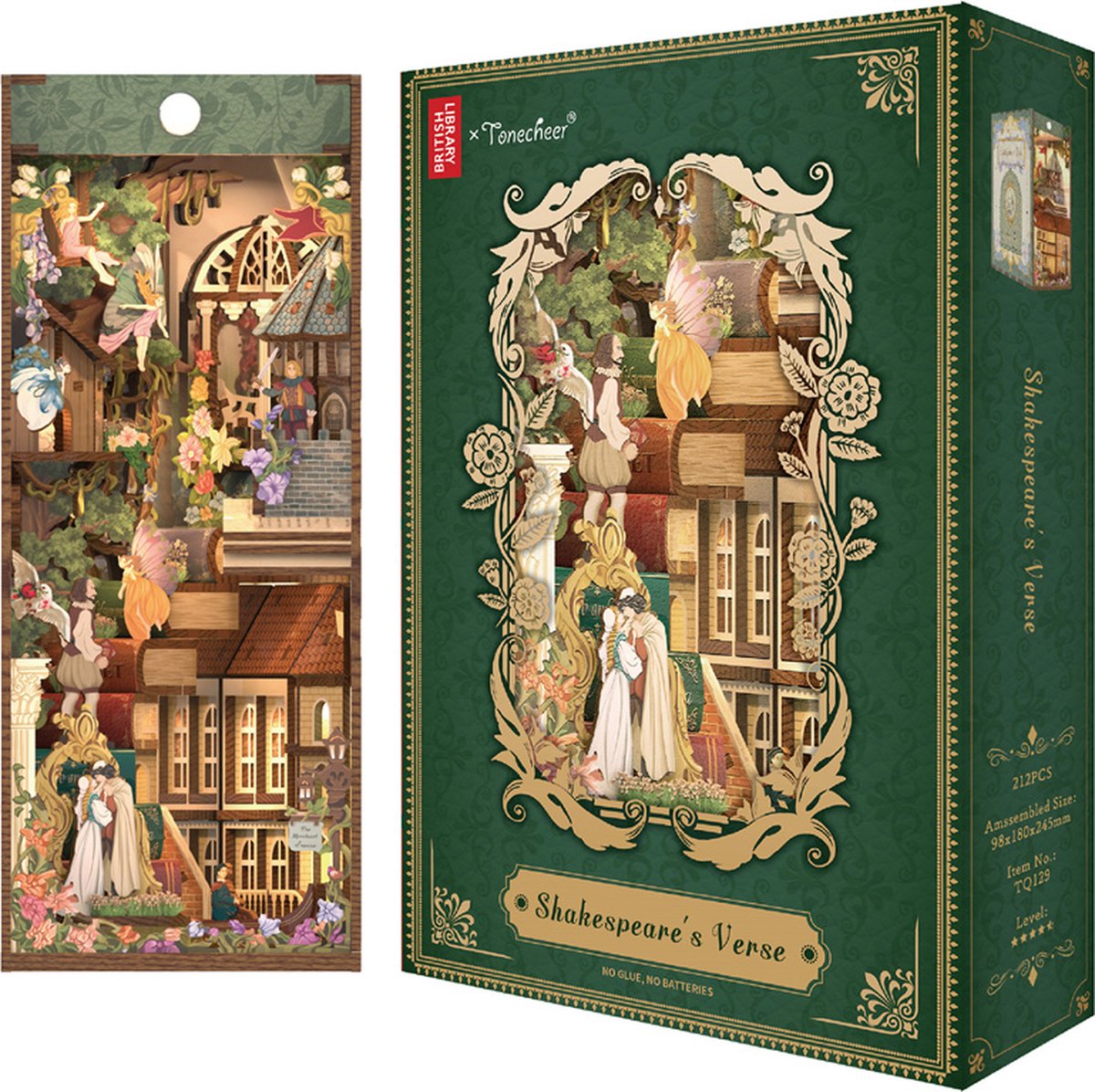 Tonecheer Shakespaer's Verse Book Nook Bouwpakket - Modelbouw - 18 x 9,8 x 24,5 cm - DIY Pakket - Houten 3D Puzzel - Boekensteun - LED-licht - Bewegingssensor Licht - Boekenhouder - Inclusief Dust-Cover — afbeelding 11