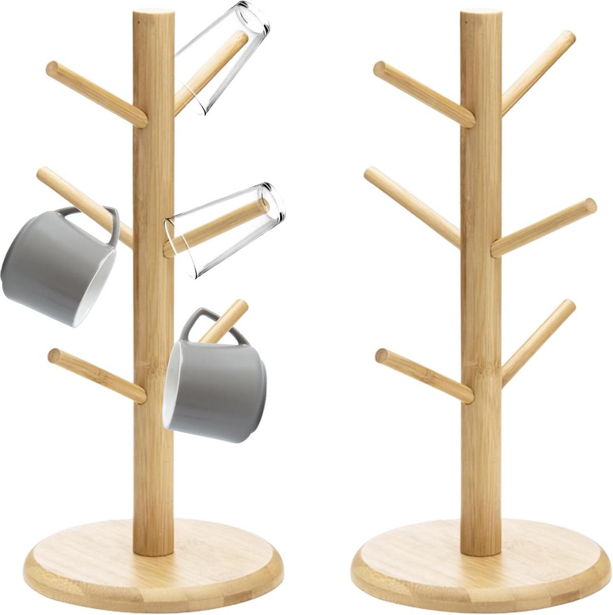 Mokjeshouders van bamboe hout - set van 2 - met 6 haken - boombekerhouder - pretzelhouder - bekerboom organizer - kopjesrek voor aanrecht - tabletop .