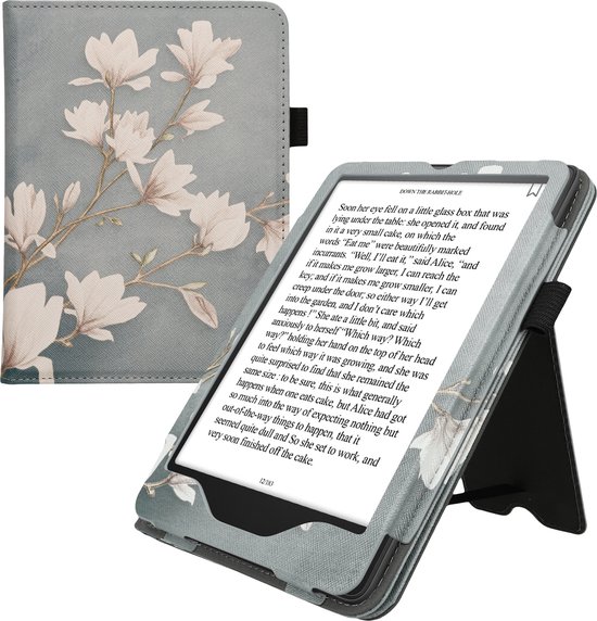 kwmobile e-reader hoesje geschikt voor Amazon Kindle Paperwhite (2024)/Colorsoft hoes - E reader flip case van kunstleer - Ereader cover met stand - Magnolia design in taupe / wit / blauwgrijs van Merkloos — afbeelding 3