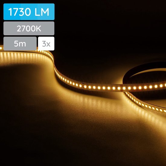 COB Ledstrip, 5 m, warmwit, 3000 K, dimbaar, 24 V, zelfklevend, waterdicht, lichtstrip met afstandsbediening en voeding, band 5 m, indirecte verlichting, tv, keuken, woonkamer, doe-het-zelf