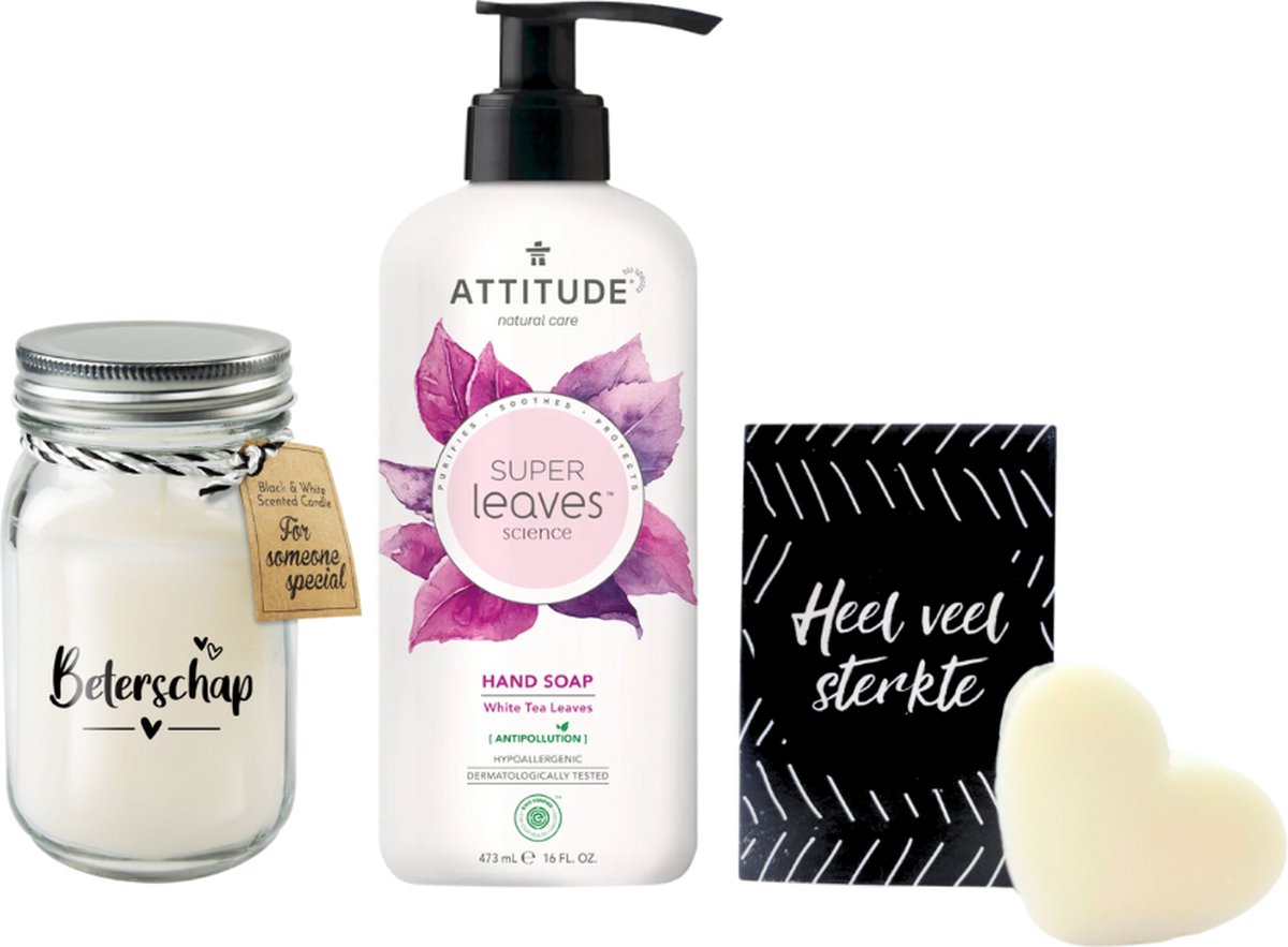 Goedkoopste Attitude Cadeauset Sterkte Beterschap - Attitude Super Leaves Hand Soap WhiteTea - Paper Dreams Kaars Black & White Beterschap - Soap & Gift Doosje vol zeep Sterkte