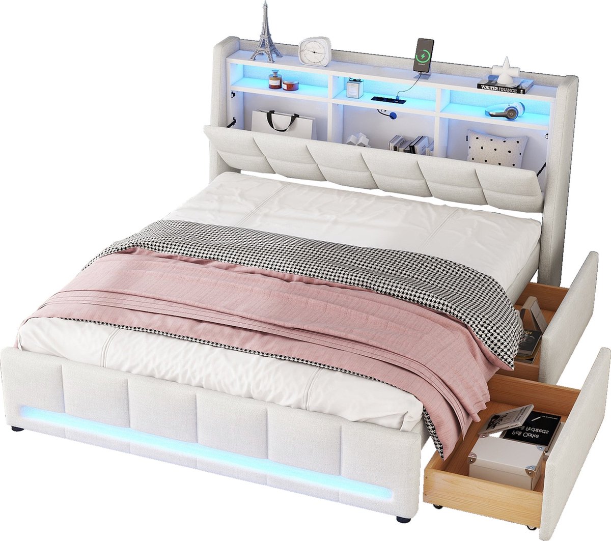 Merax Tweepersoonsbed met Verlichting via APP en Opbergruimte - Gestoffeerd Bed met USB en Stopcontact - Bedframe met 2 Lades - Beige
