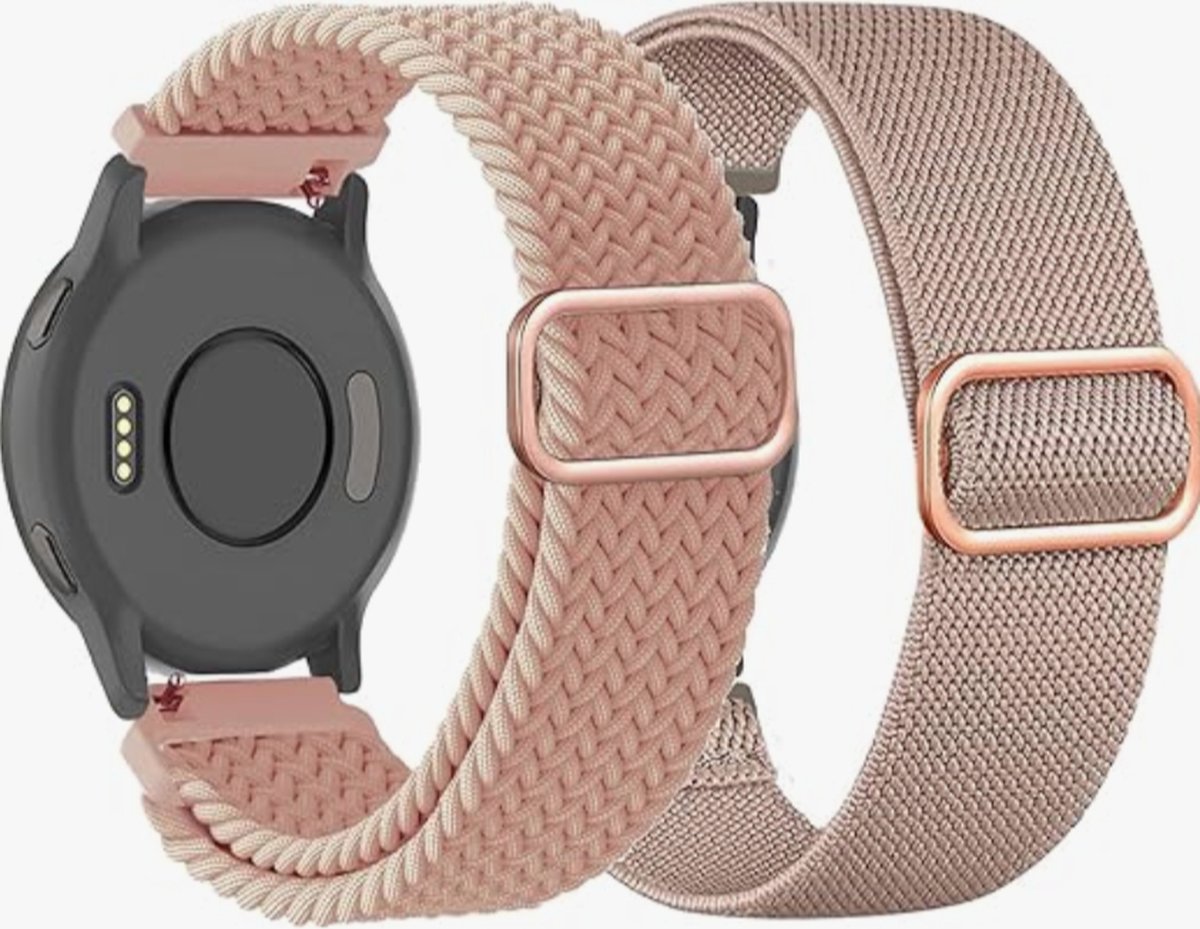 Gevlochten rekbare nylon horlogebanden voor Garmin Vivoactive 4S/Venu 2S/Venu 3S/Vivomove 3S, Forerunner 255S/Forerunner 265S, lus van 18 mm, elastische stoffen, dames, heren, 2 stuks