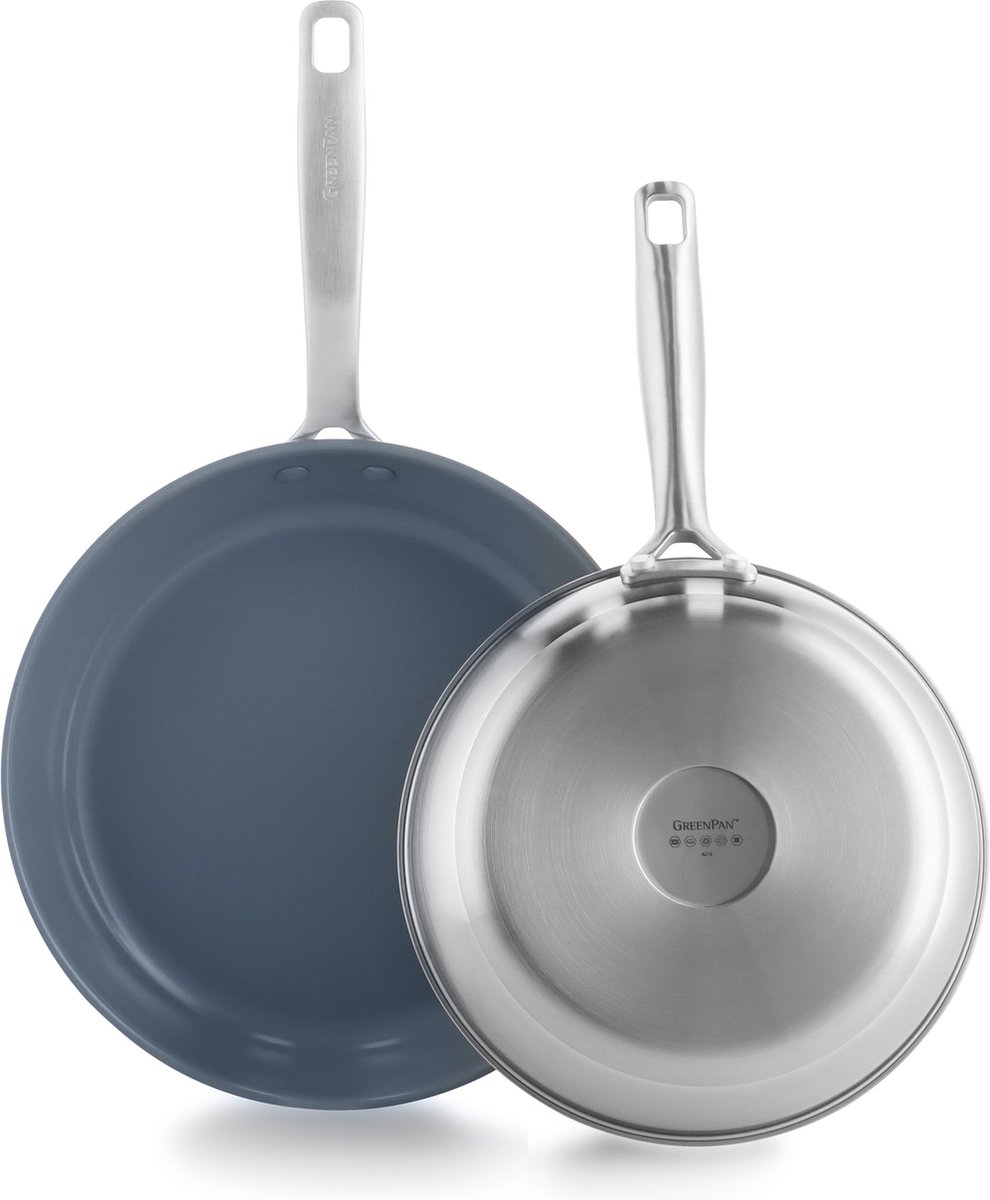GreenPan Treviso 2-delige koekenpannenset - alle warmtebronnen - PFAS-vrij - RVS - ovenbestendig tot 220° - RVS handgrepen
