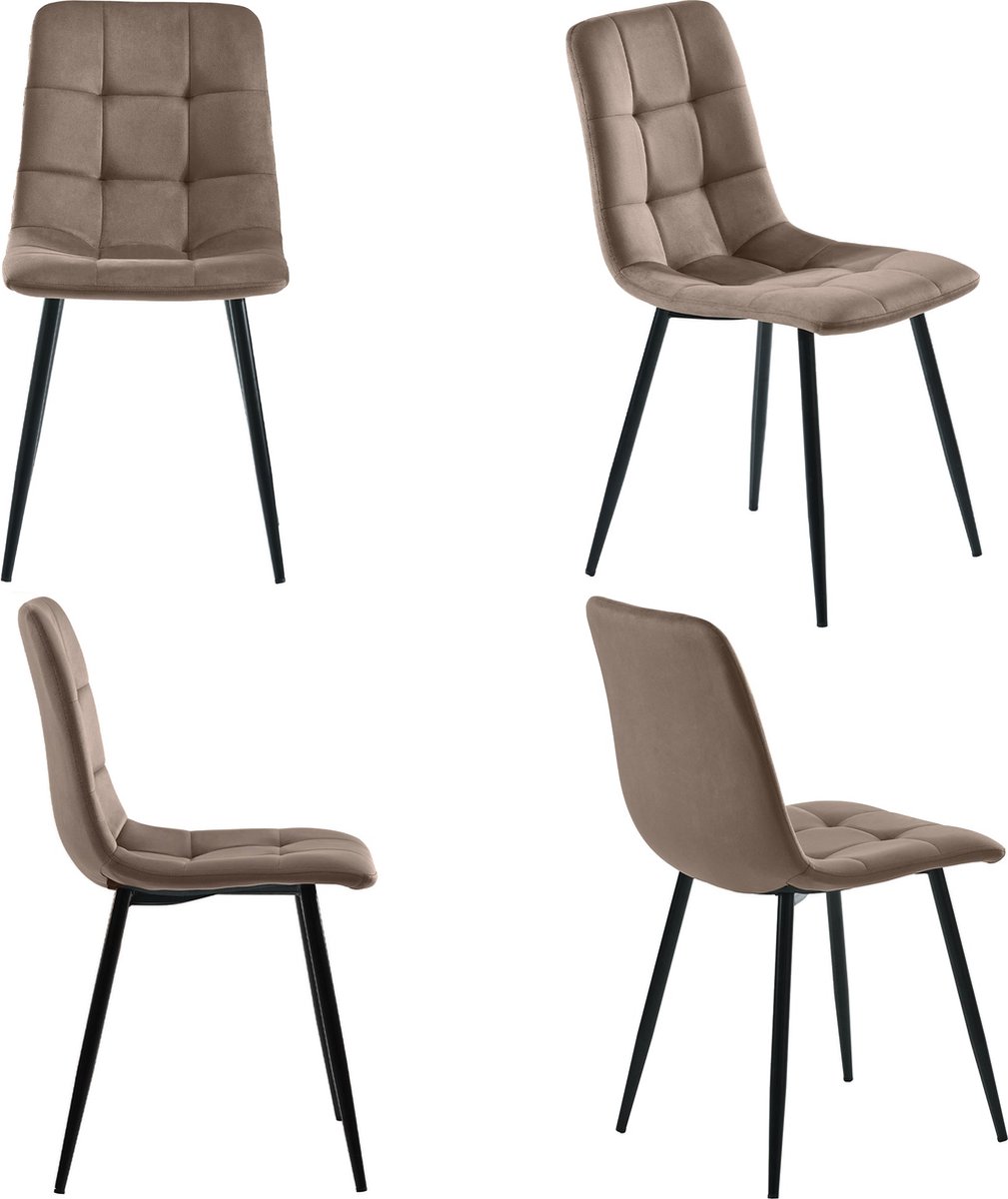 Merax Set van 4 Eetkamerstoelen – Bruine Samt Stoelen met Rugleuning – Luxe Design Stoelen met Metalen Onderstel – Comfortabele Stoelen voor Eetkamer - Woonkamer en Kantoor