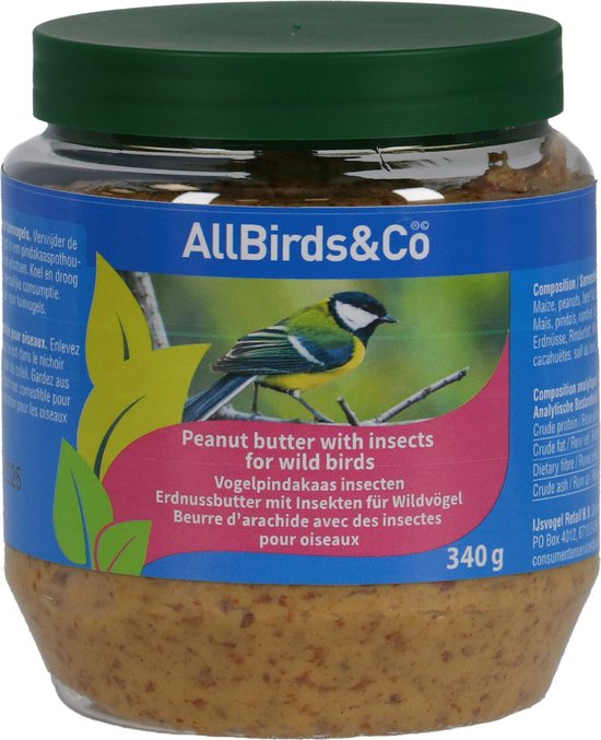 Pot pindakaas met insecten voor vogels, merk AllBirds&Co. Met een afbeelding van een koolmees op een tak.