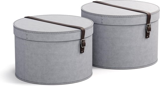 BIGSO BOX OF SWEDEN RUT Set van 2 opbergdozen met deksel, ronde opbergbox met leren riem, grote en kleine hoedendoosjes van vezelplaat en papier in linnenlook - beige