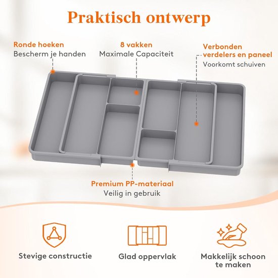 Lifewit Bestekbak, 35 cm diepte, lade-organizer, uitbreidbaar tot 45 cm, kunststof houder, messen, vork, lepel, zwart