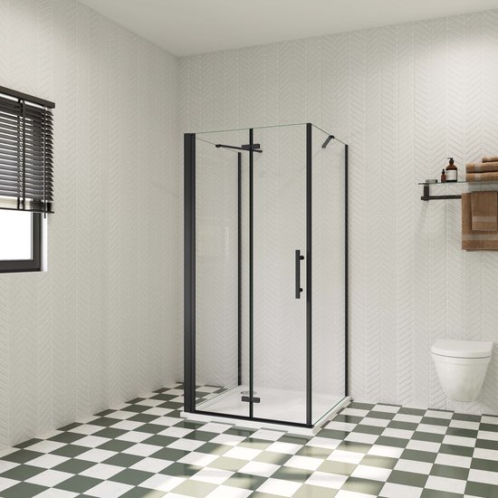 110x70x195cm douchecabine, met inklapbare vouwdeur en twee vaste zijwanden, 6mm helder EasyClean veiligheidsglas,mat zwarte aluminium frame, stabilisatiestang 45 cmX2