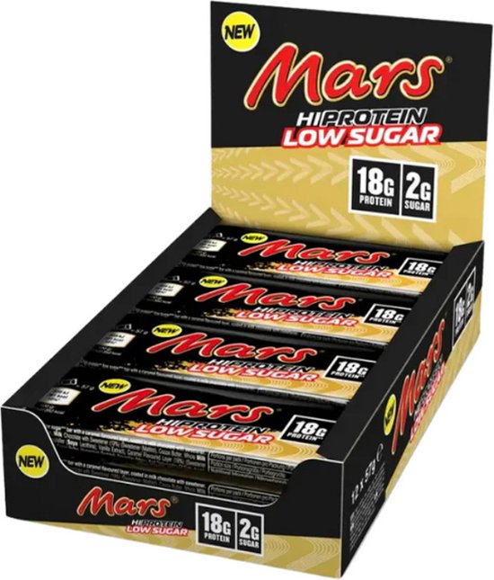 Doos met 12 Mars Hi-Protein Low Sugar repen, in zwarte verpakking met gele details en het rode Mars-logo. Elke reep bevat 18g eiwit en 2g suiker.