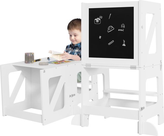 KYWAI® Montessori Leertoren, Verstelbaar in 3 Hoogtes, Dubbele Beschermingsbalk, Antislip Stickers & Antival Poten - Leertoren van hout - Montessori Speelgoed 3 jaar (Wit