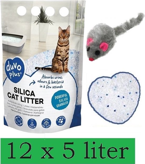 Duvo plus kattenbakvulling met een kat op de zak. Een hartvormig stukje met witte korrels en blauwe spikkels. Een grijze muis speelgoedje. 12 x 5 liter.