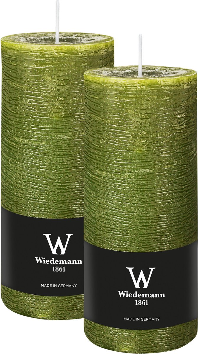 Wiedemann Cilinderkaars/stompkaars - 2x - rustieke kaars - olijfgroen - 7 x 16 cm - 66 branduren Olijf groen