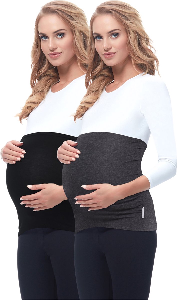 Be Mammy Dames Zwangerschapsbuikband - Zwanger - Viscose - 2Pack - BE-BE20-169-BB-2pack - Zwart/Donkermengkleur - 36/38