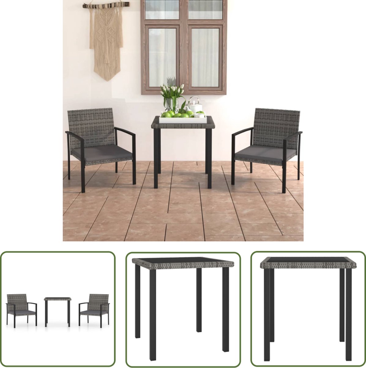 The Living Store 3-delige Tuinset poly rattan grijs - Tuinstoel - Tuintafel - Buitendecor - Lounge Set - Outdoor Meubels