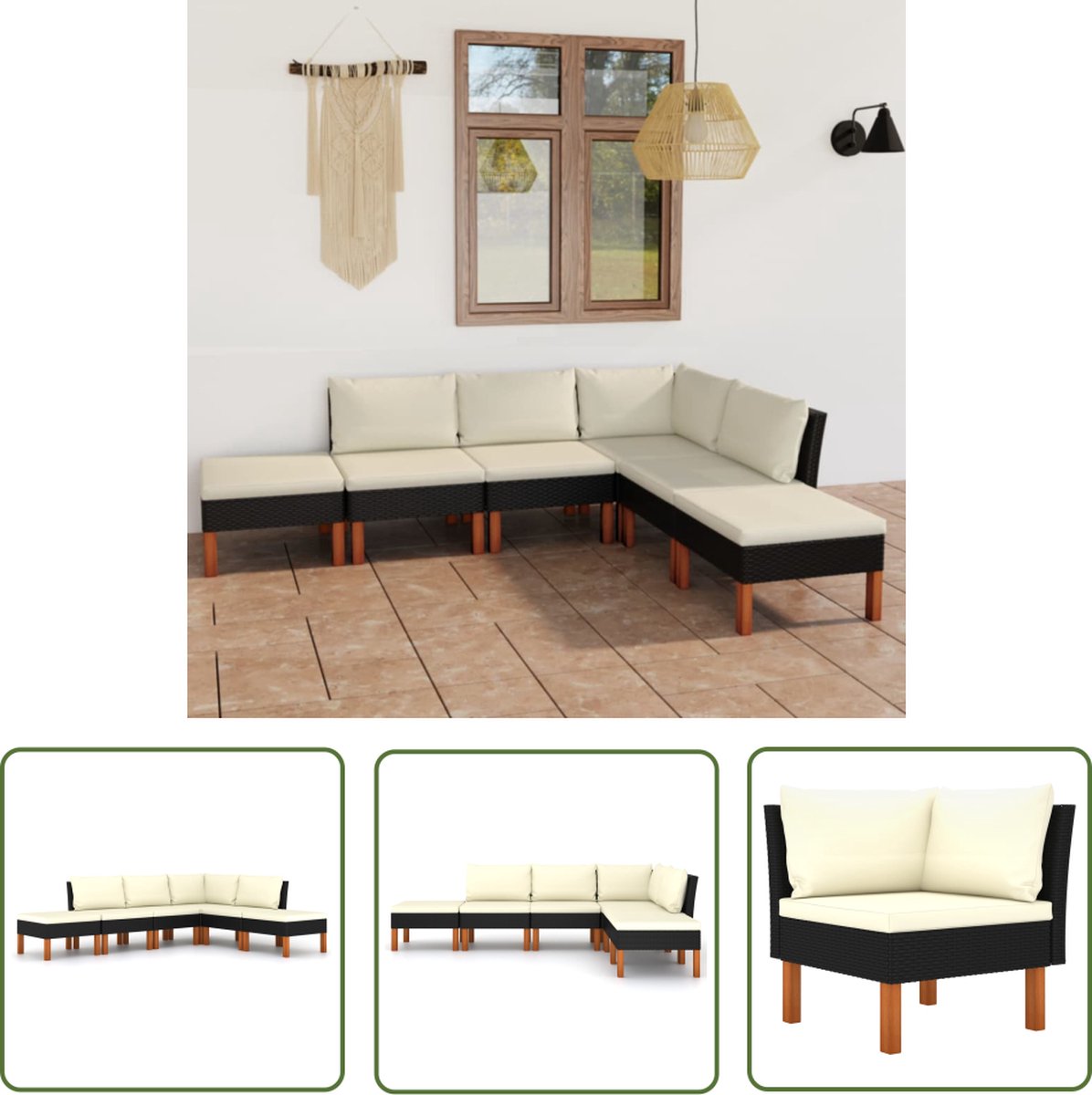The Living Store 6-delige Loungeset met kussens poly rattan zwart - Loungeset - Tuinmeubels - Lounge Set - Buitendecor - Outdoor Furniture
