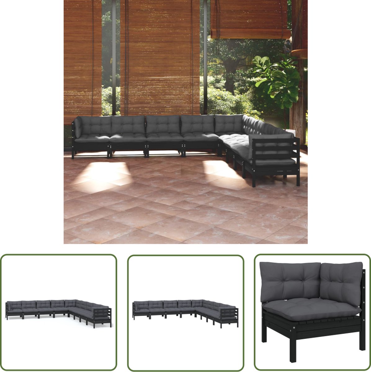 The Living Store 9-delige Loungeset met kussens massief grenenhout zwart - Loungeset - Tuinlounge - Houten Lounge - Loungestoel - Buitendecor