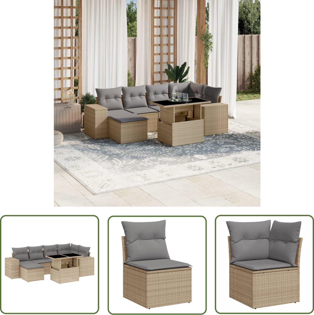 The Living Store 7-delige Loungeset met kussens poly rattan beige - Loungeset - Lounge Set - Buitendecoratie - Tuinmeubels - Tuinlounge