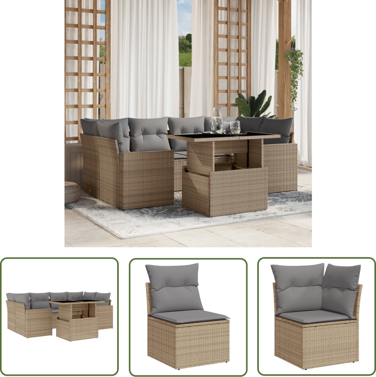The Living Store 7-delige Loungeset met kussens poly rattan beige - Loungeset - Lounge Set - Buitendecoratie - Tuinmeubels - Tuinlounge