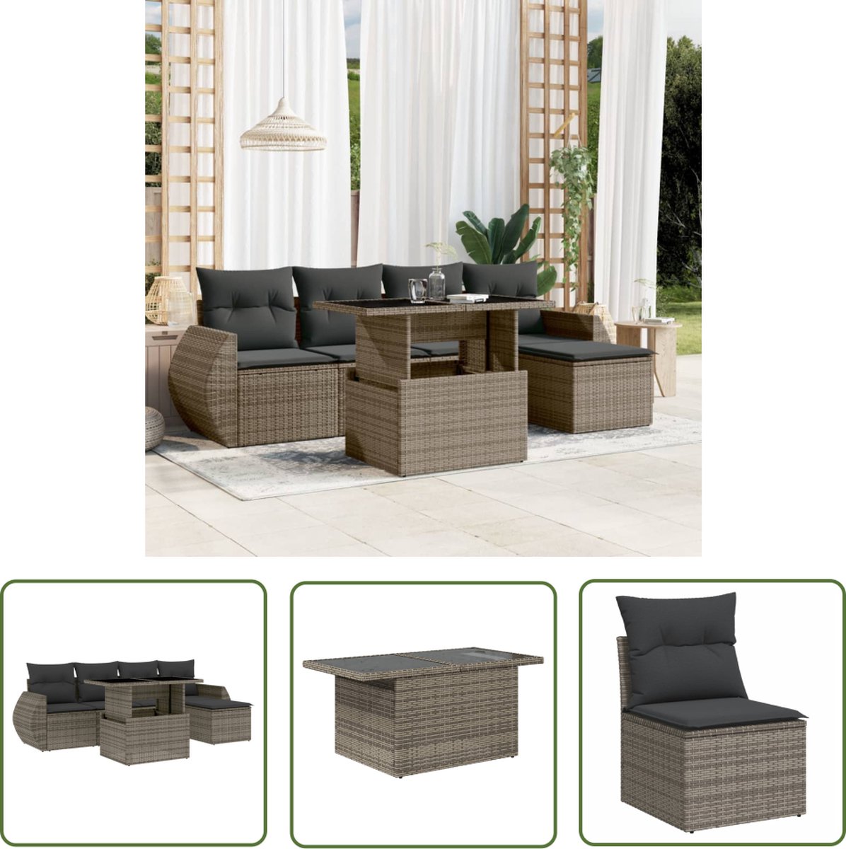 Loungeset met grijze poly rattan kussens voor buiten - The Living Store.